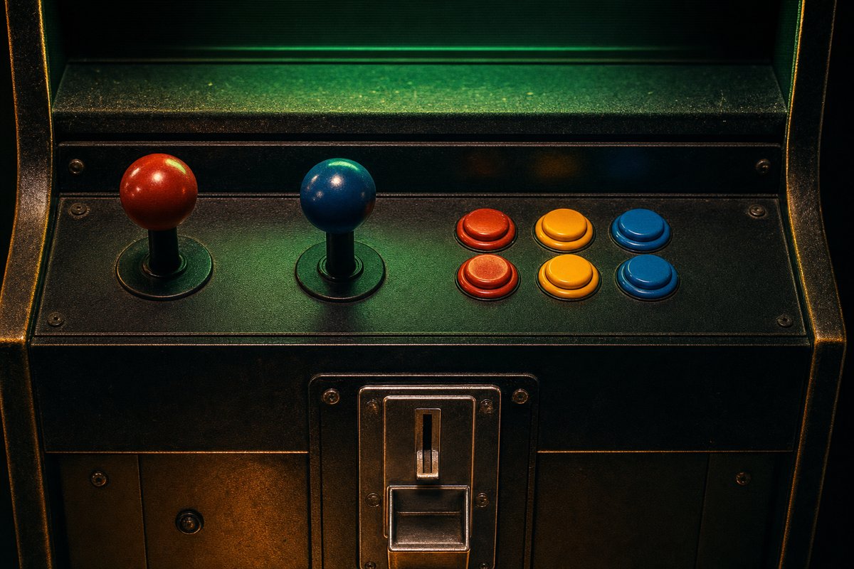 Macro editorial photograph of the front panel of a single vintage arcade cabinet — chrome coin-return, two arcade joystick balls, six clean unlabeled buttons, faint phosphor glow from the bezel above.