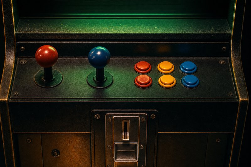 Macro photograph of a vintage arcade cabinet panel — chrome coin slot, two joysticks and six unlabeled action buttons, the bezel glowing faint phosphor green.