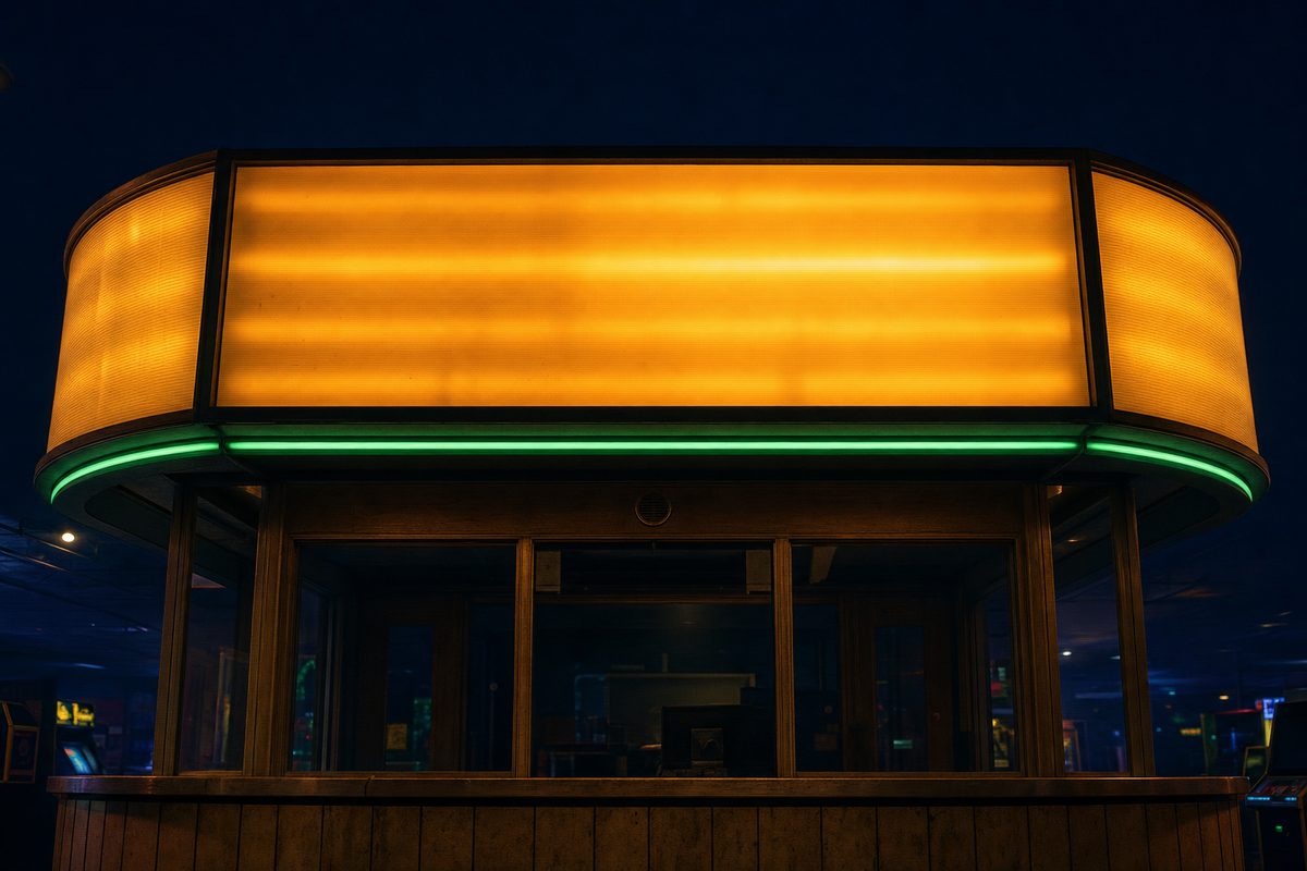 Editorial photograph of a vintage arcade marquee — a wide internally-lit signboard glowing in warm amber and phosphor-green above a darkened wood-paneled ticket counter, frosted face deliberately blank.