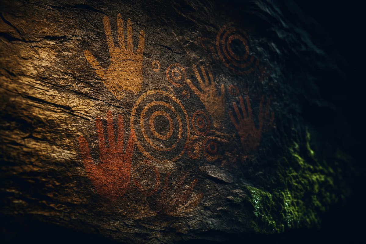 Macro editorial photograph of a weathered stone cave wall surface with ochre and rust pigment hand stencils and concentric circle motifs in raking light.
