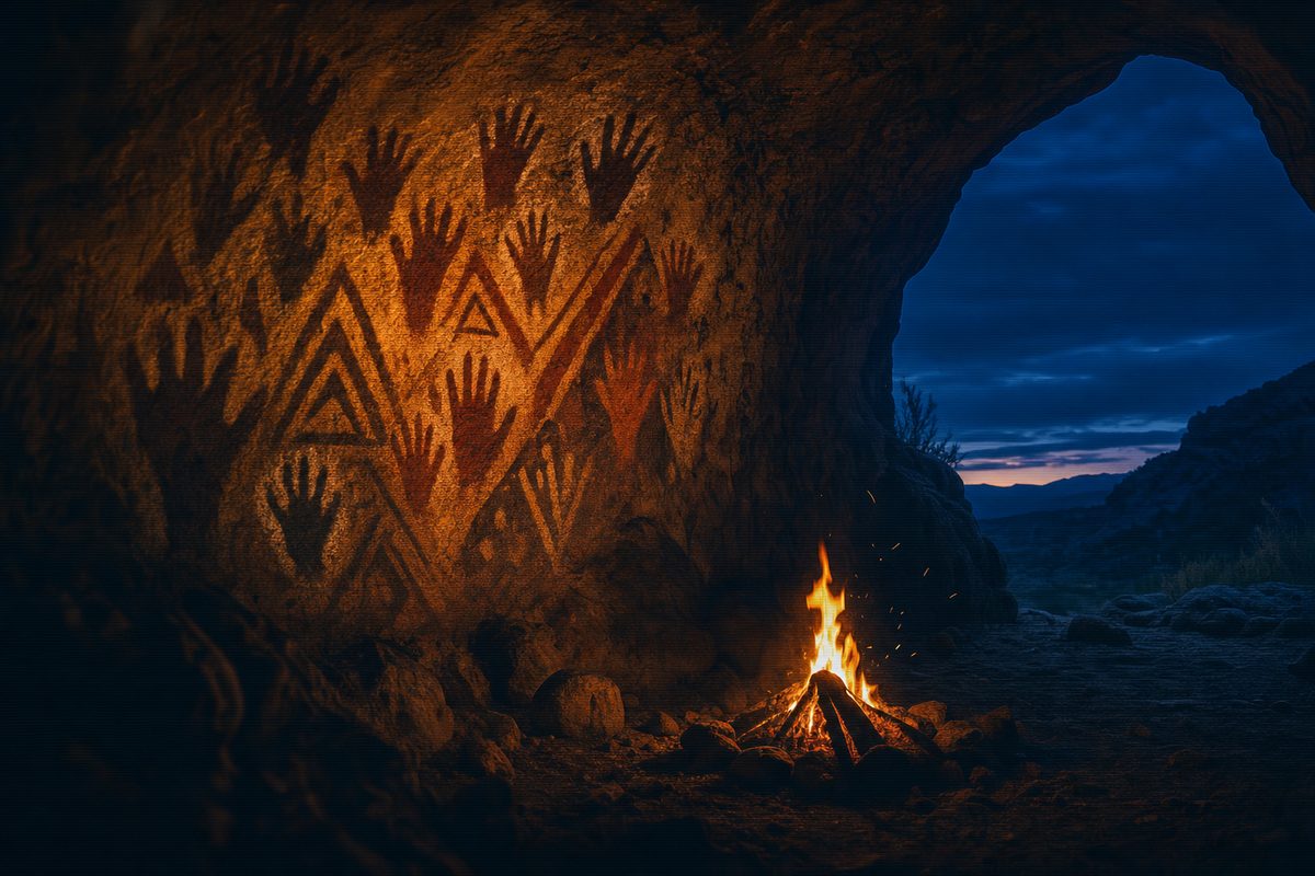 Editorial photograph of a small campfire at the mouth of a stone cave, casting tall flickering shadows that resolve into geometric ochre handprints on the painted wall.