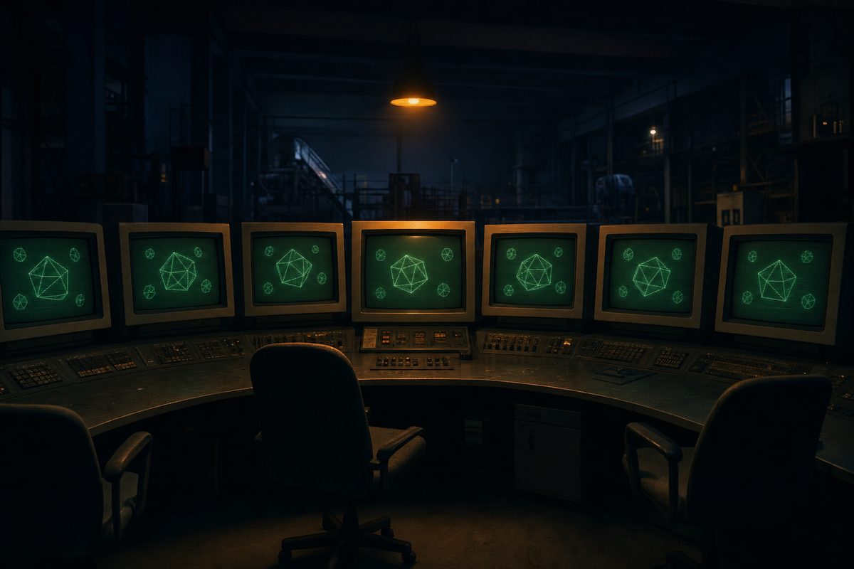 Editorial photograph of a vacant industrial control room — a curved desk with a row of CRT monitors all running the same phosphor-green wireframe screensaver, empty operator chairs, one amber service light overhead.