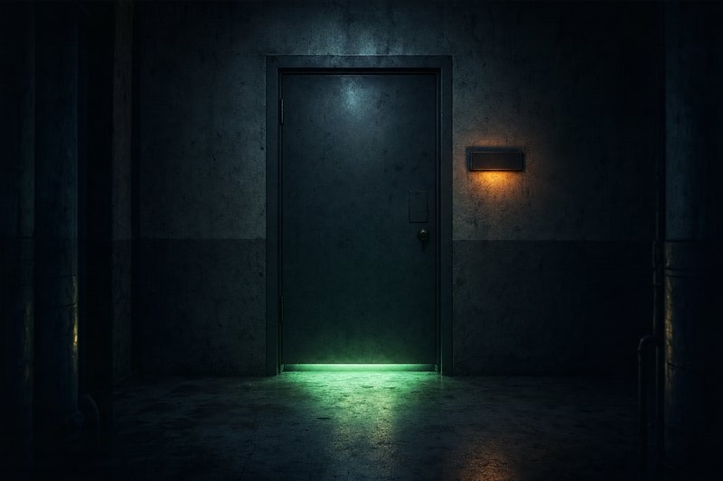 A single closed industrial steel door in a concrete corridor with phosphor-green light bleeding from underneath onto the floor — the sequel waiting behind a door no one is opening.