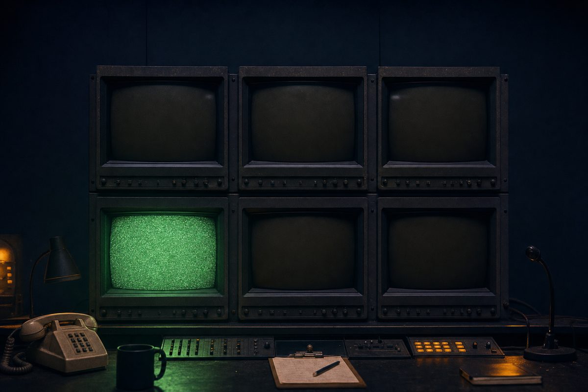 Editorial photograph of an institutional broadcast wall — six CRT monitors in a steel rack, five dark, one flickering with faint phosphor-green static — a control room whose programming has been quietly cancelled.