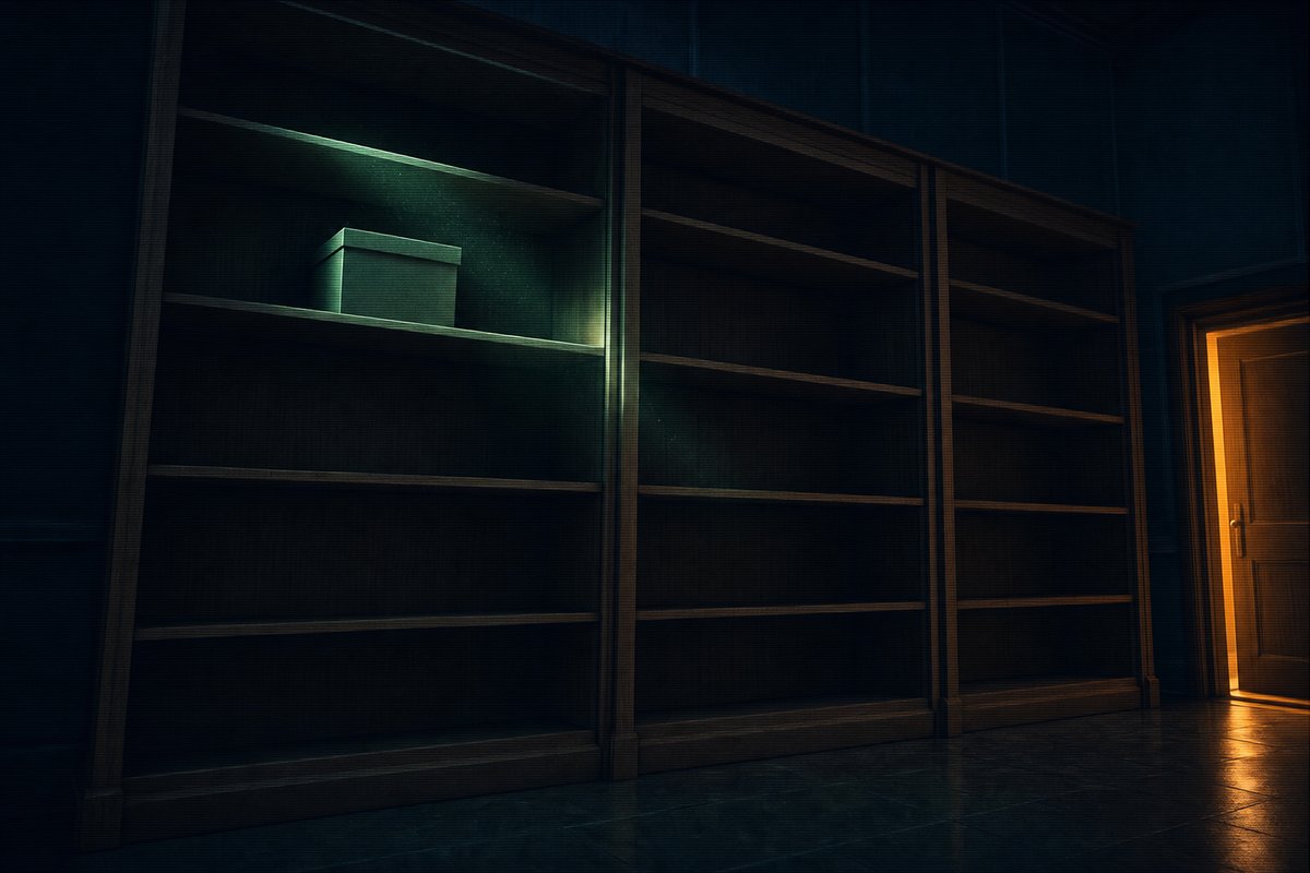 Editorial photograph of an empty wooden archive shelf with one solitary unmarked box catching a thin sliver of phosphor-green light, the rest of the shelves bare and dust-coated.