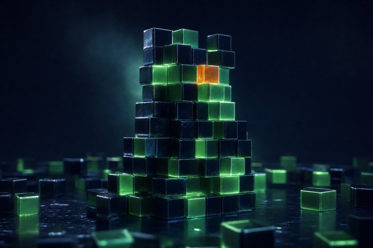 Macro editorial photograph of a small architectural maquette of glossy navy and phosphor-green cubic blocks stacked into a tower, a single amber cube embedded near the top, scattered cubes in bokeh background.
