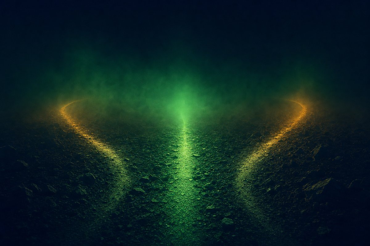 Editorial photograph of three faint trails diverging from a central point in deep fog, lit from below in phosphor-green with amber rim light.