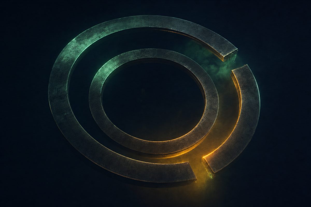 Editorial photograph of three large concentric metal rings in dark space, the outermost ring visibly fractured into two divergent arcs — a chronology that has stopped closing on itself.