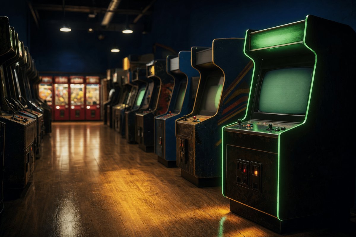 Editorial photograph of the inside of a vintage Canadian arcade hall, three rows of CRT cabinets in soft-focus, foreground cabinet glowing phosphor-green and casting an amber halo on the wood floor.