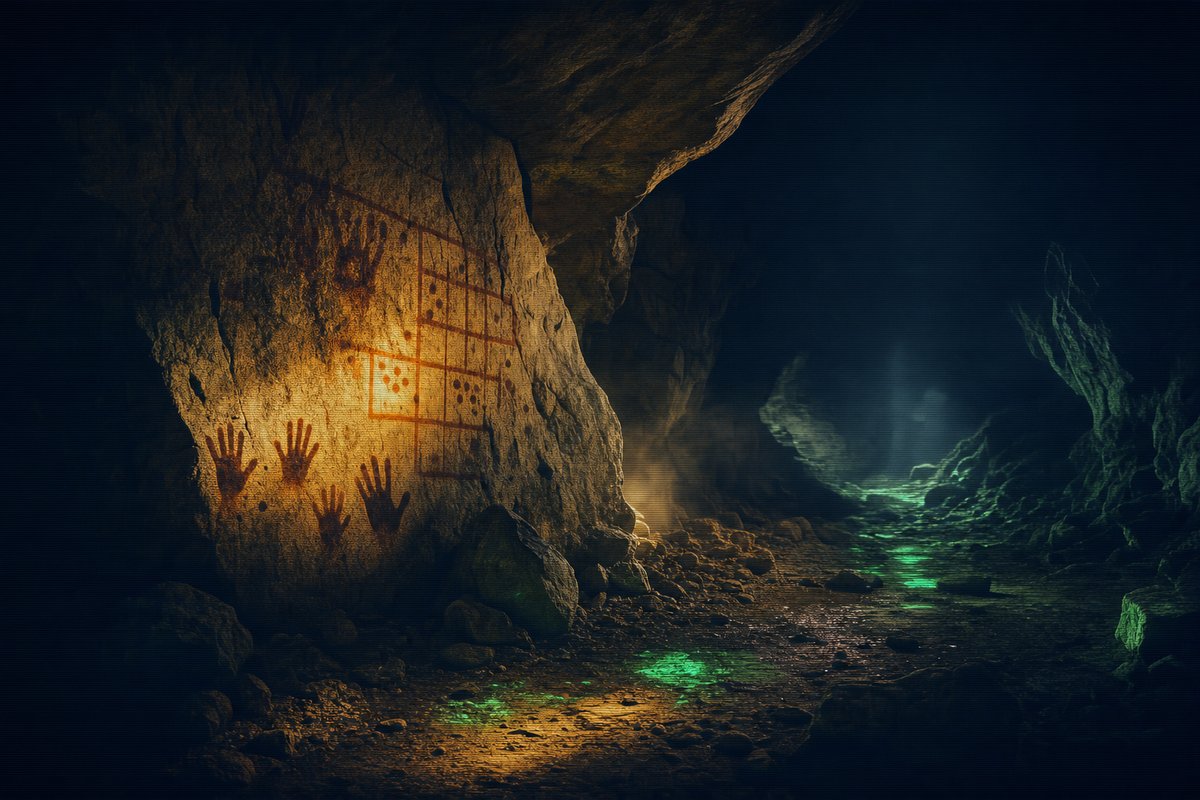 Editorial photograph of a stone cave wall bearing geometric ochre handprints and crude grid markings reminiscent of a modern minimap, low warm light from the left.