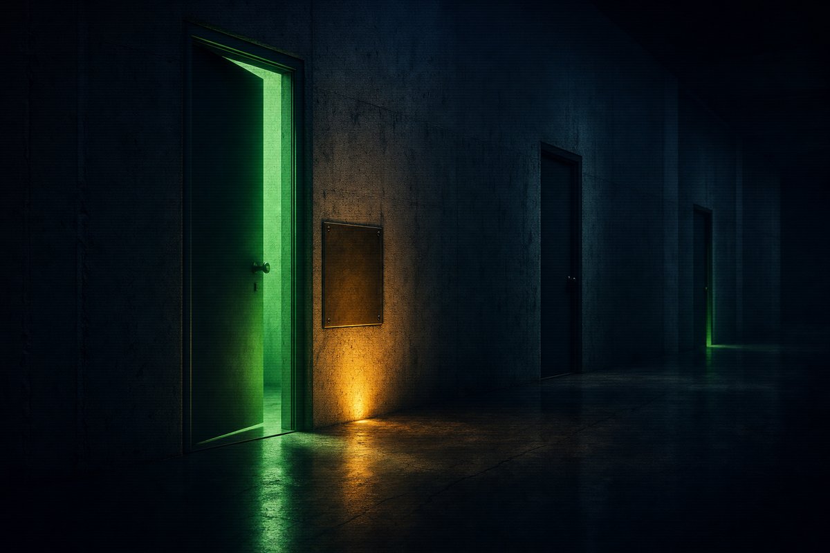 Darkened concrete corridor with three identical doorways receding into the distance — the first door cracked open and emitting faint phosphor-green light, the second closed and dark, the third only a sliver.