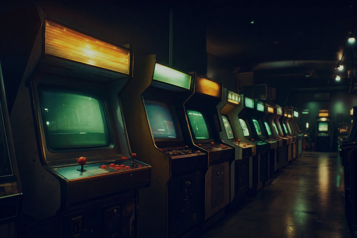 Wide editorial photograph of a darkened vintage arcade hall — rows of CRT arcade cabinets in receding perspective glowing softly in the dark, midnight-navy atmosphere with phosphor green and amber bloom.