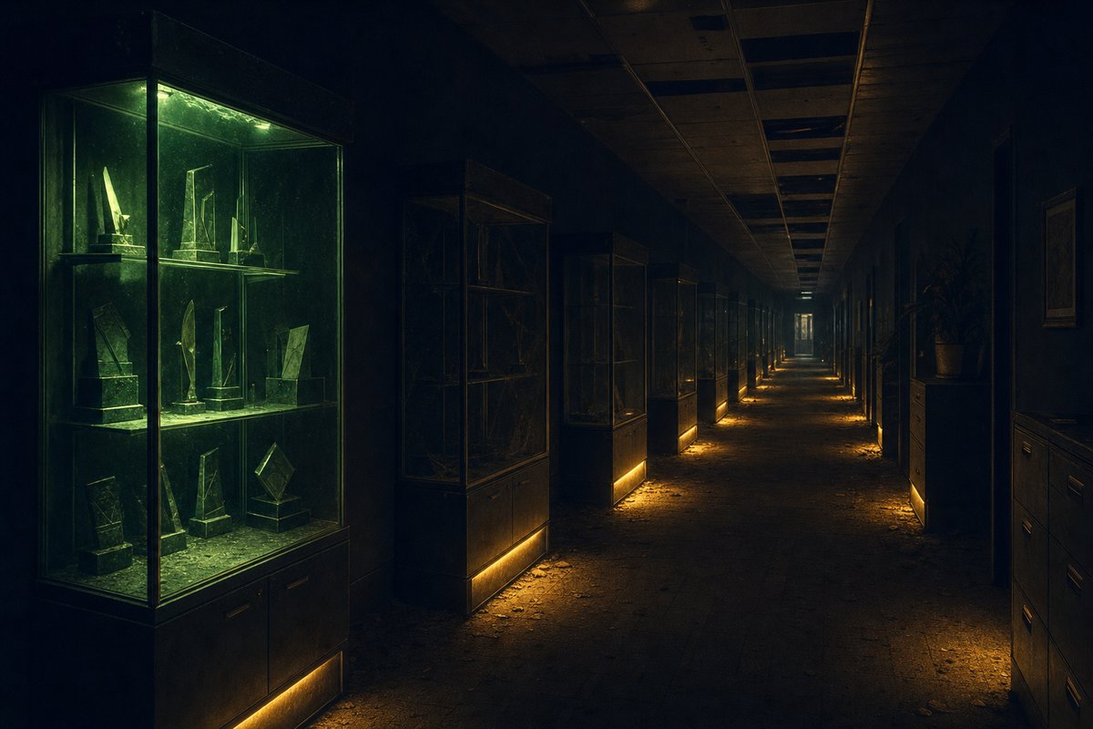 Editorial photograph of a dim hallway of empty trophy display cabinets, one cabinet faintly lit, dust on the rest — visual cue for institutional decline.