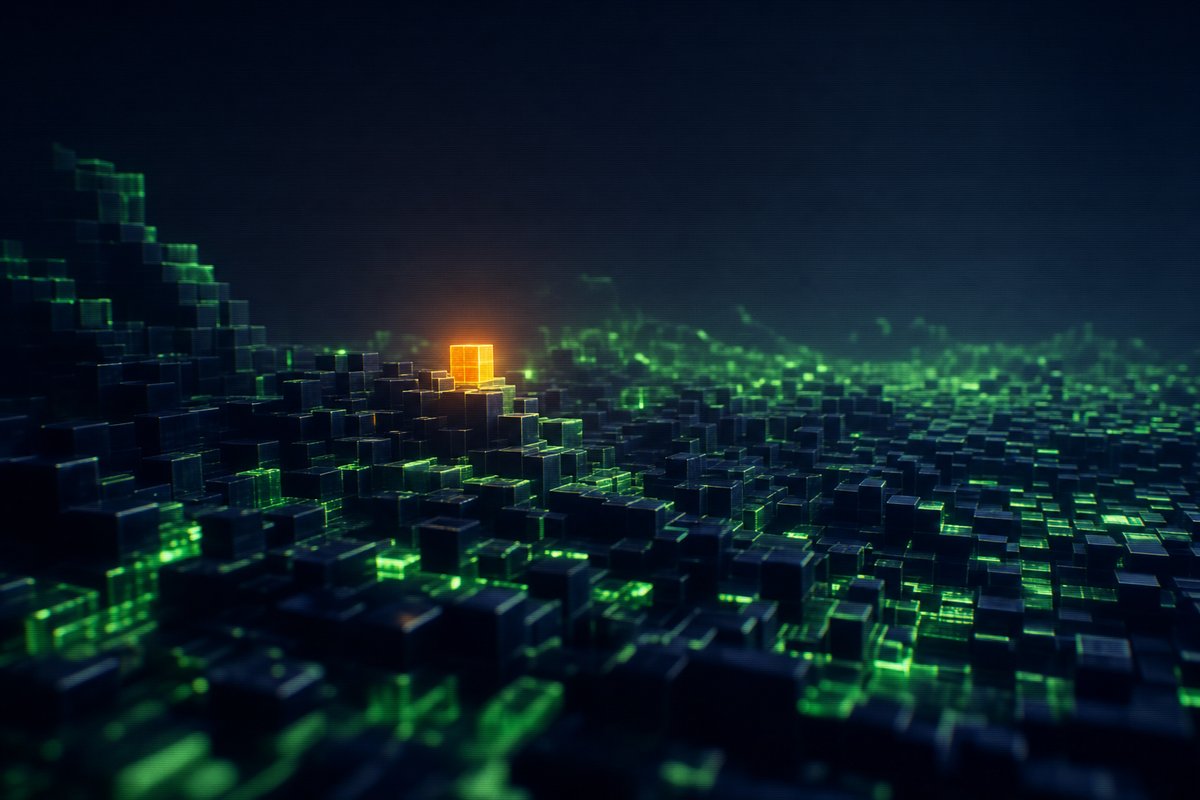 Editorial photograph of an abstract voxel landscape rendered as an architectural maquette, navy and phosphor-green cubes assembled into rolling terrain with a single amber cube glowing in the middle distance as a search beacon.
