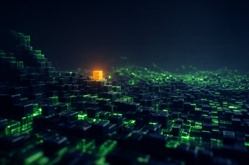 Voxel landscape maquette with amber search-beacon cube — AI Minecraft piece.