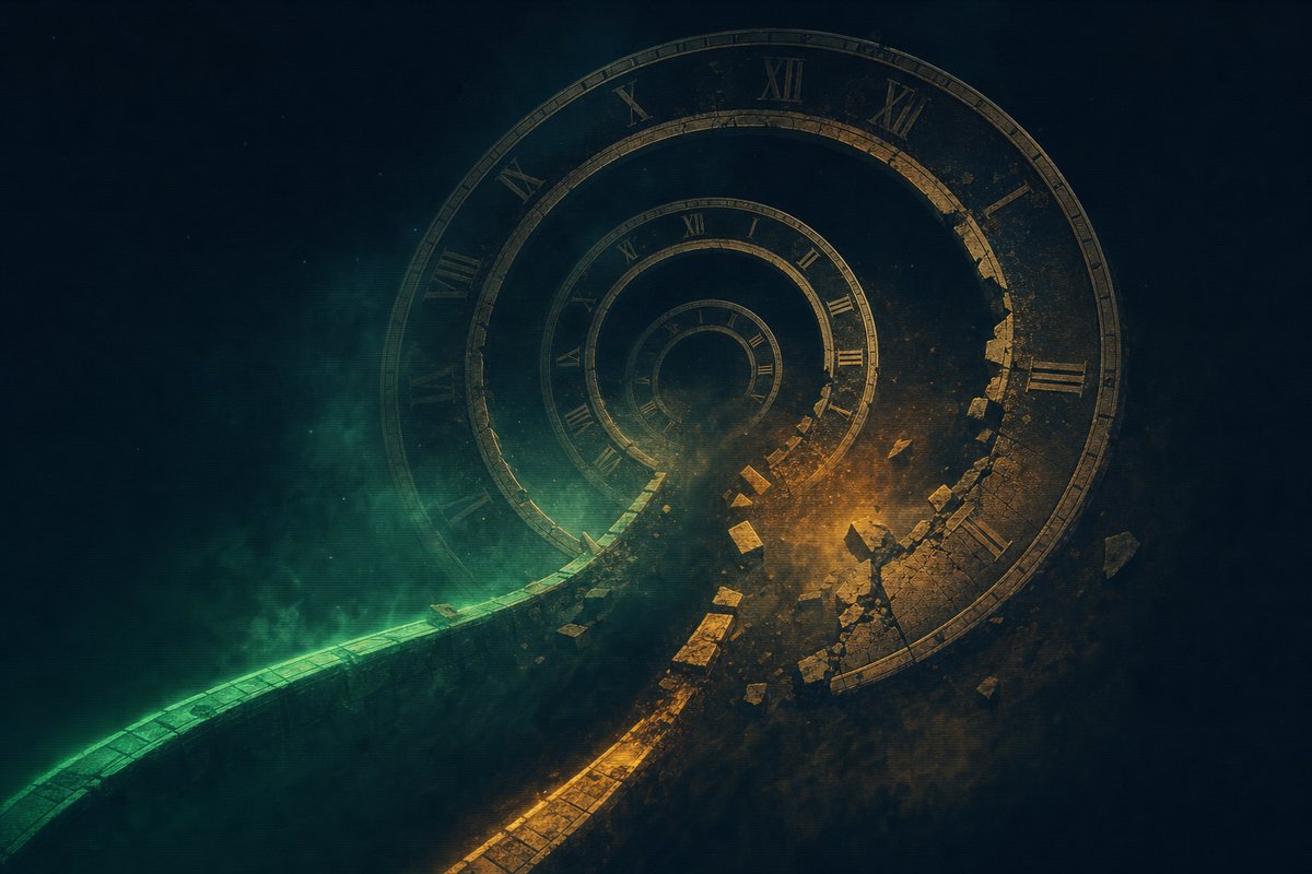 Abstract editorial photograph of concentric clock rings drifting in dark space, lit in phosphor green and amber — visual cue for chronological paradox.